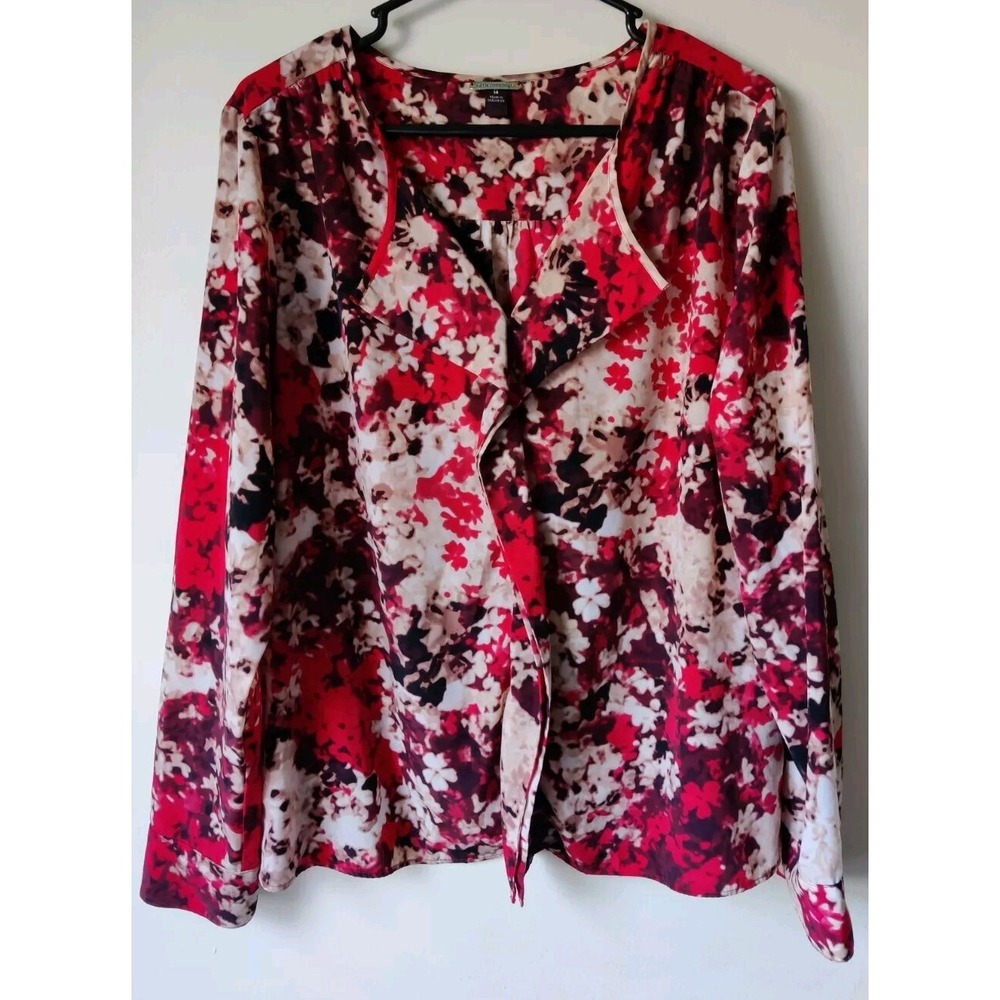Dana Buchman Women's Long Sleeve Polyester Floral Red/Brown Blouse Size 14